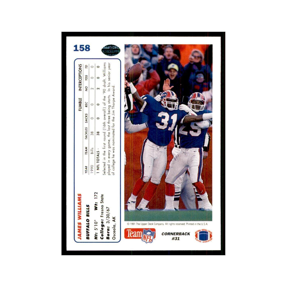 1991 Upper Deck James Williams Bills #158