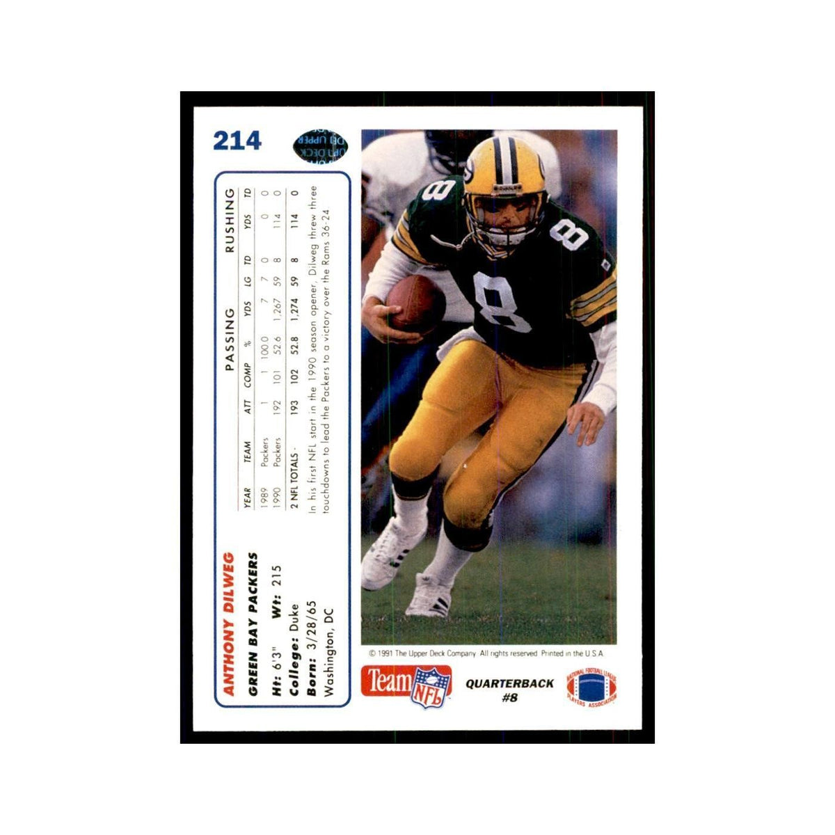 1991 Upper Deck Anthony Dilweg Packers #214