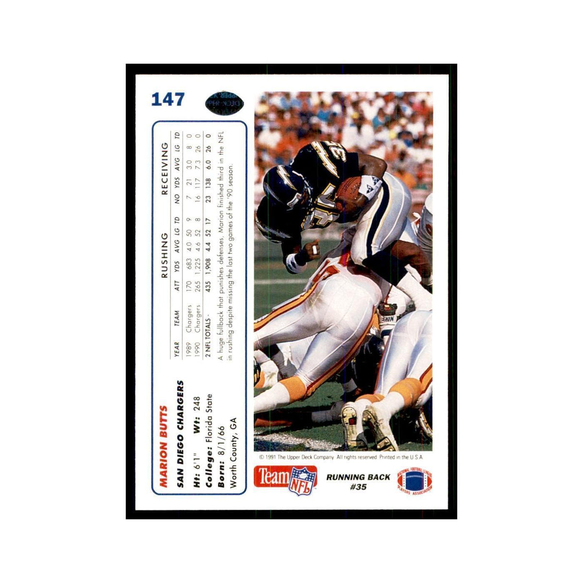 1991 Upper Deck Marion Butts San Diego Chargers #147