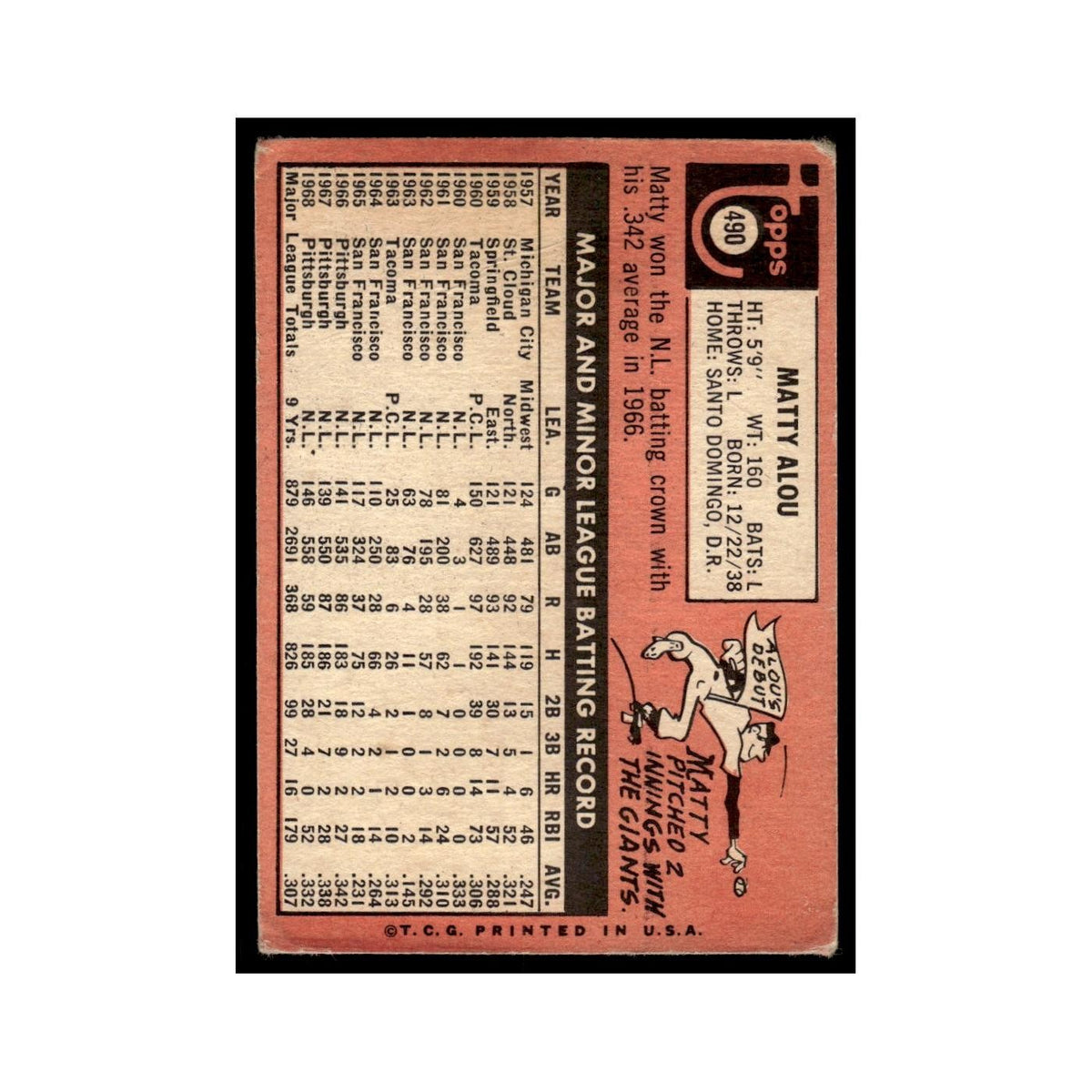 1969 Topps (damaged) Matty Alou Pirates #490