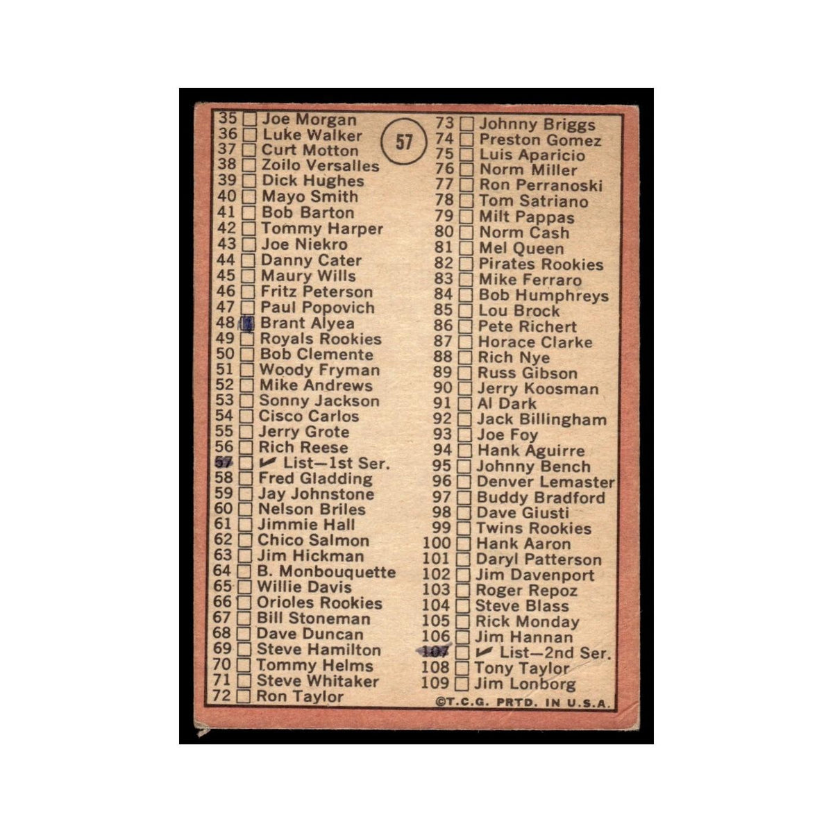 1969 Topps (damaged) Checklist 1-109 Denny McLain Tigers #57