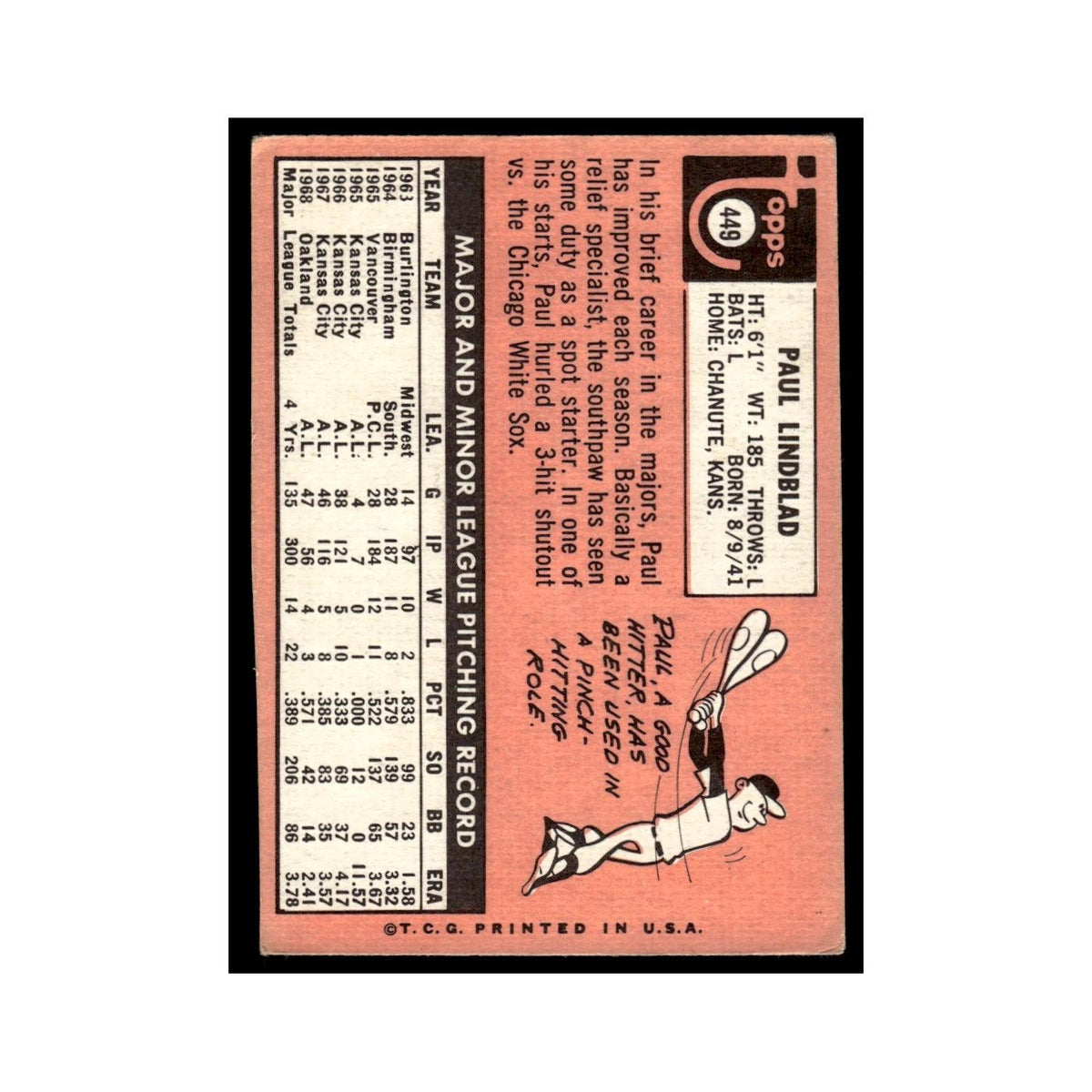 1969 Topps (damaged) Paul Lindblad Athletics #449