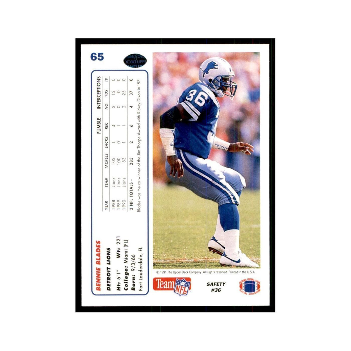 1991 Upper Deck Bennie Blades Lions #65