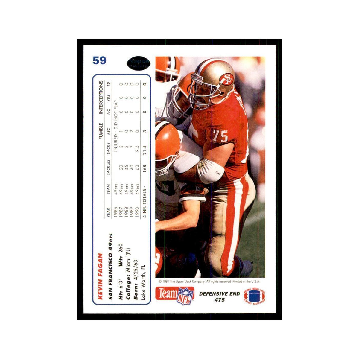 1991 Upper Deck Kevin Fagan 49ers #59