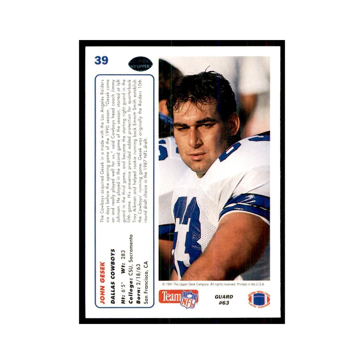 1991 Upper Deck John Gesek RC Cowboys #39