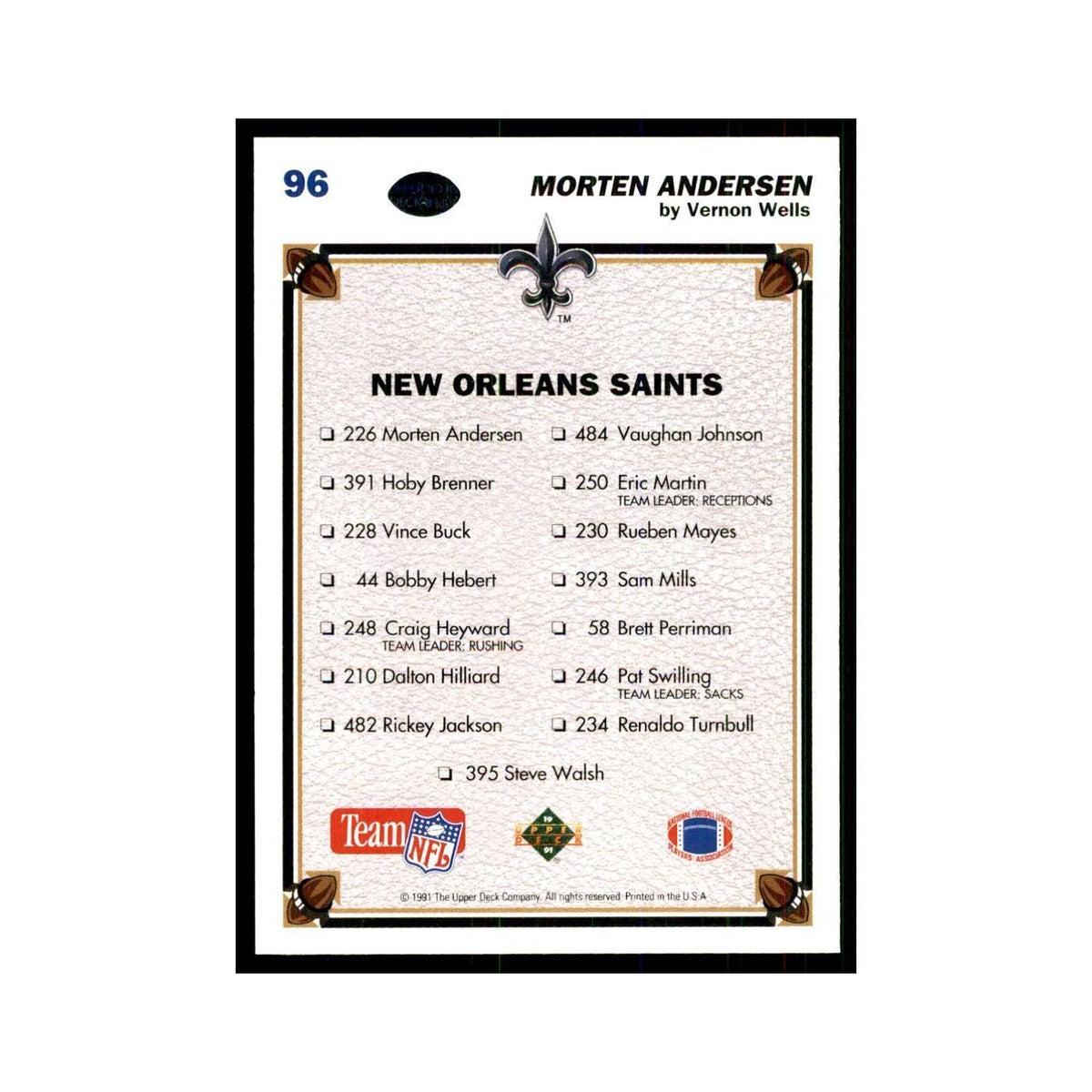 1991 Upper Deck Morten Andersen Saints #96