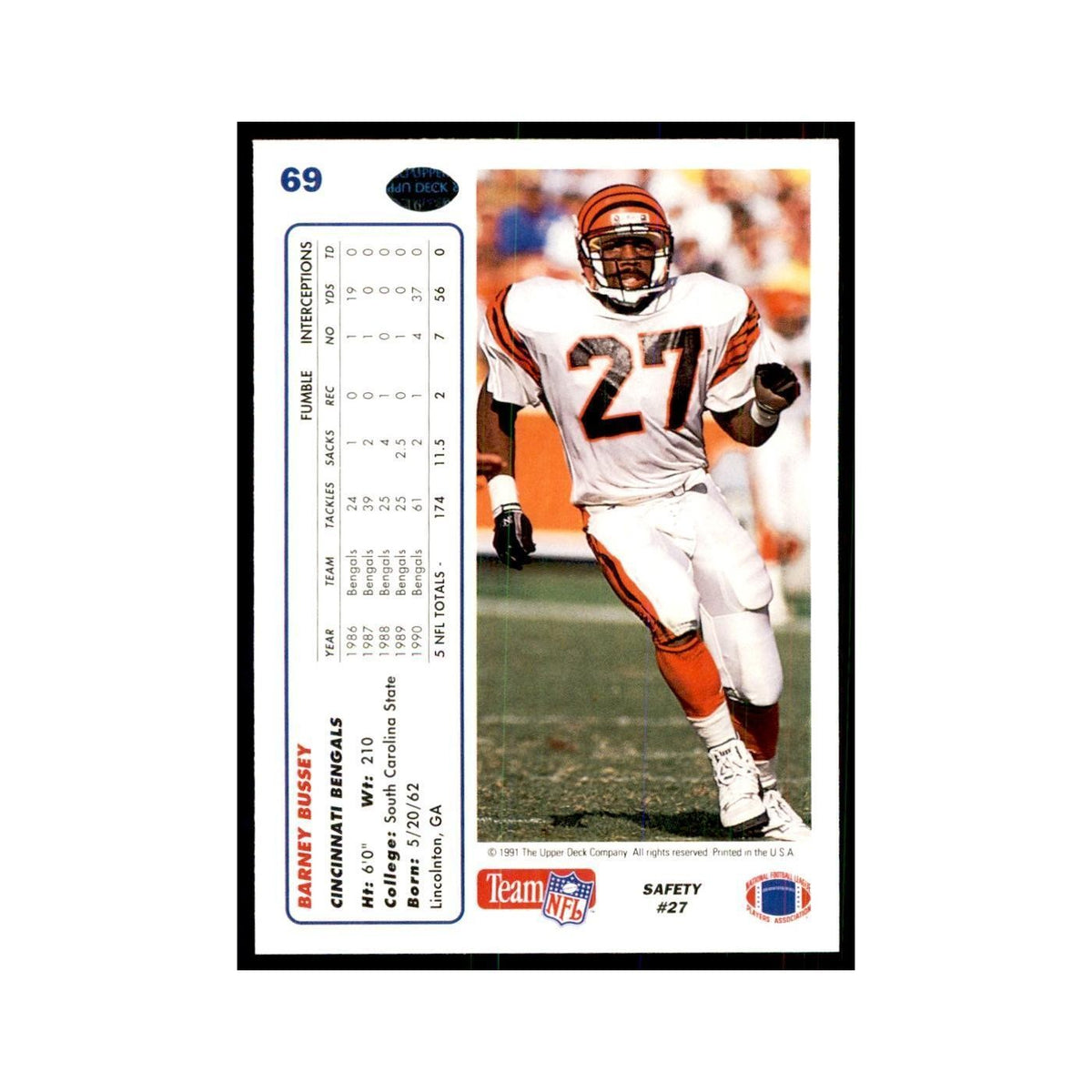 1991 Upper Deck Barney Bussey RC Bengals #69