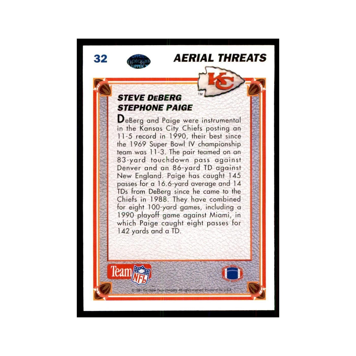 1991 Upper Deck Steve DeBerg/Stephone Paige Chiefs #32