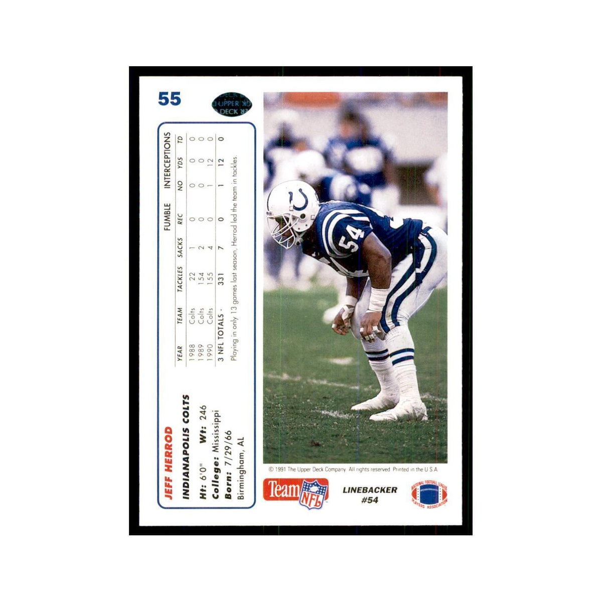 1991 Upper Deck Jeff Herrod Colts #55