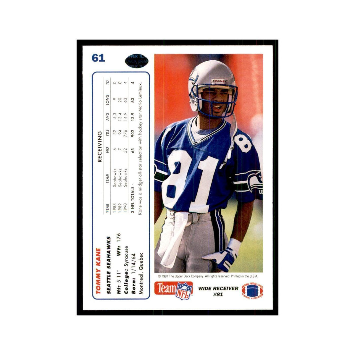 1991 Upper Deck Tommy Kane Seahawks #61