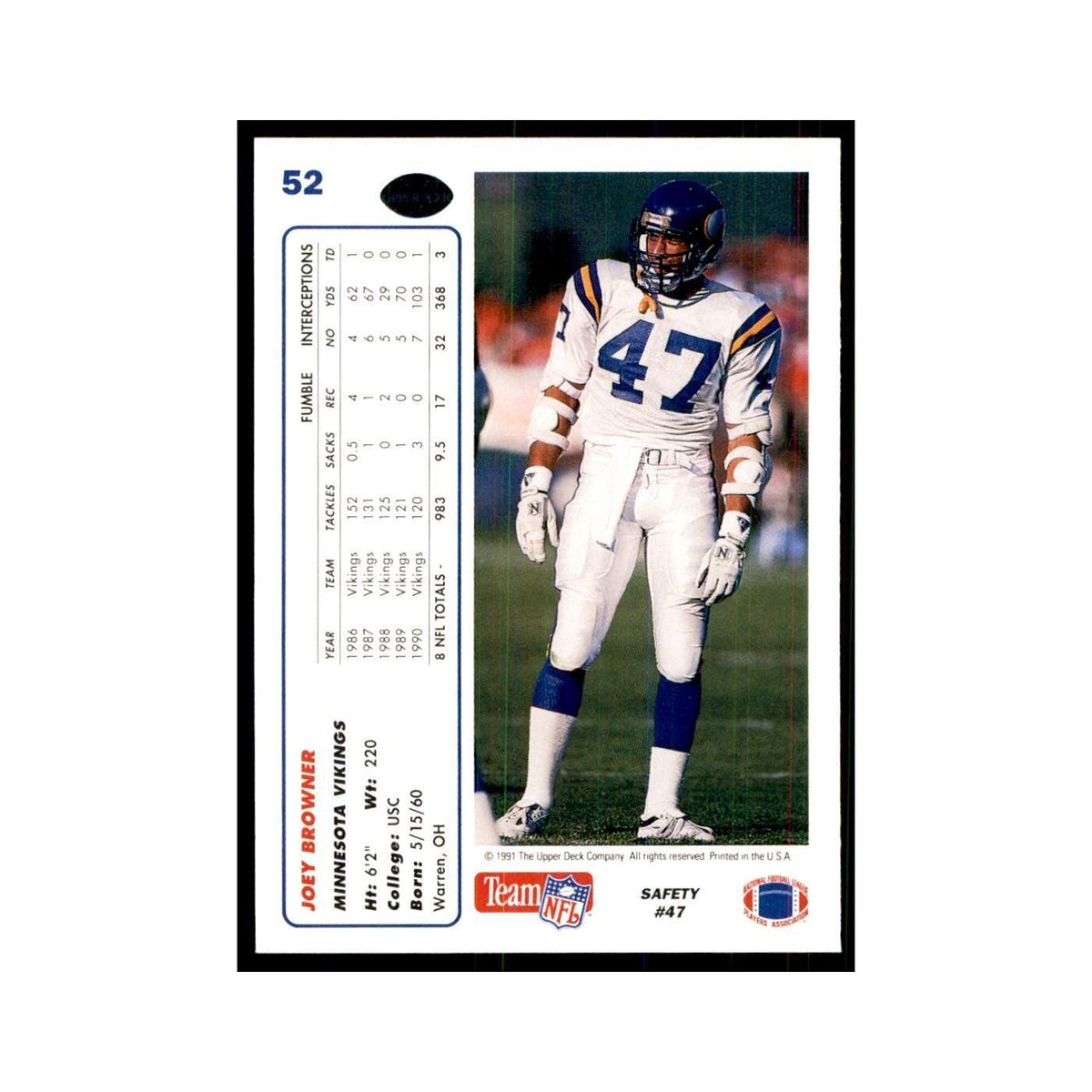 1991 Upper Deck Joey Browner Vikings #52