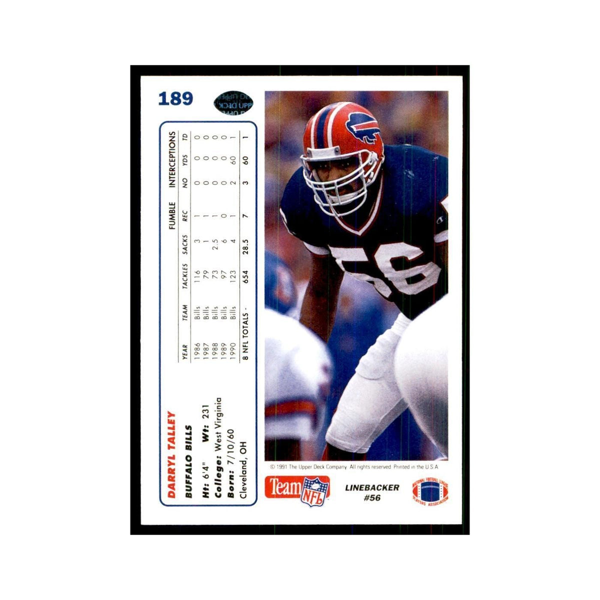 1991 Upper Deck Darryl Talley Bills #189
