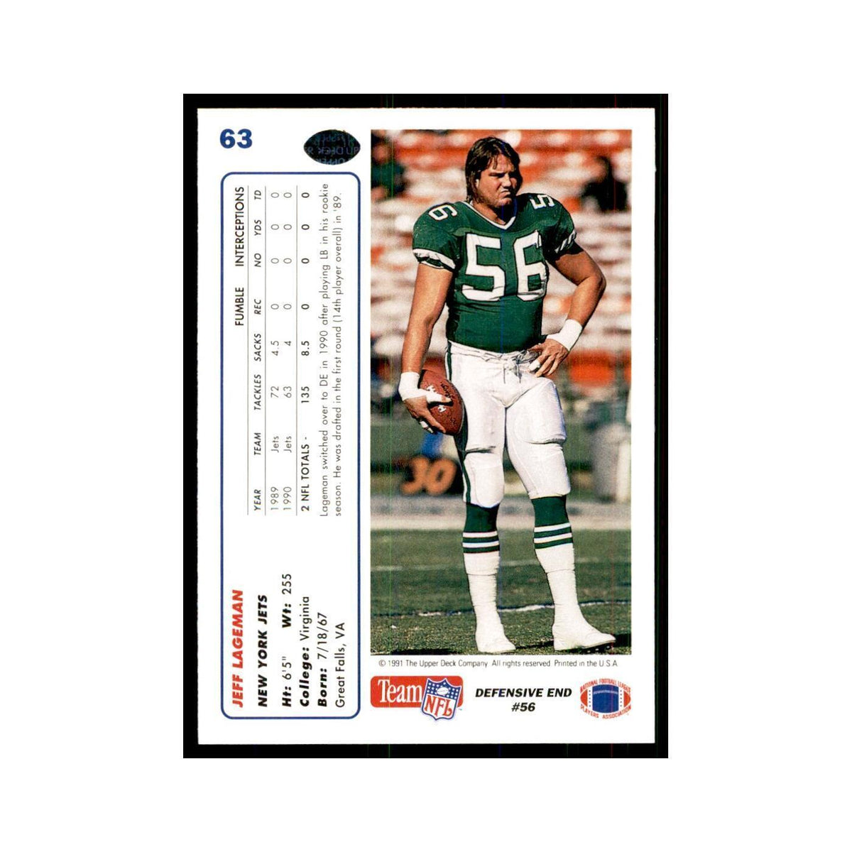 1991 Upper Deck Jeff Lageman Jets #63