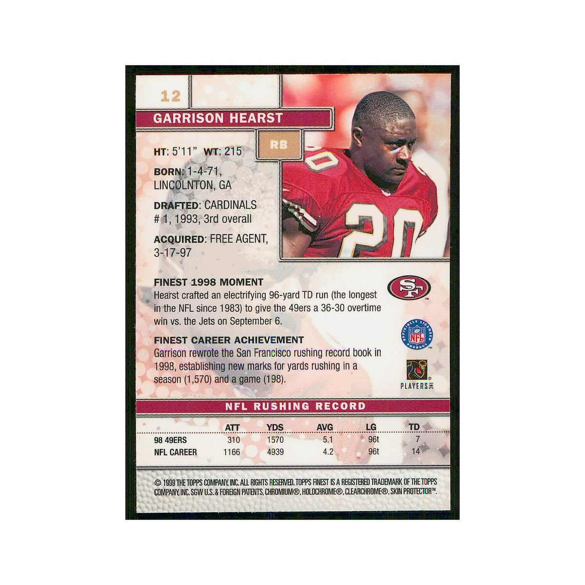1999 Topps Finest w coating Garrison Hearst 49ers #12