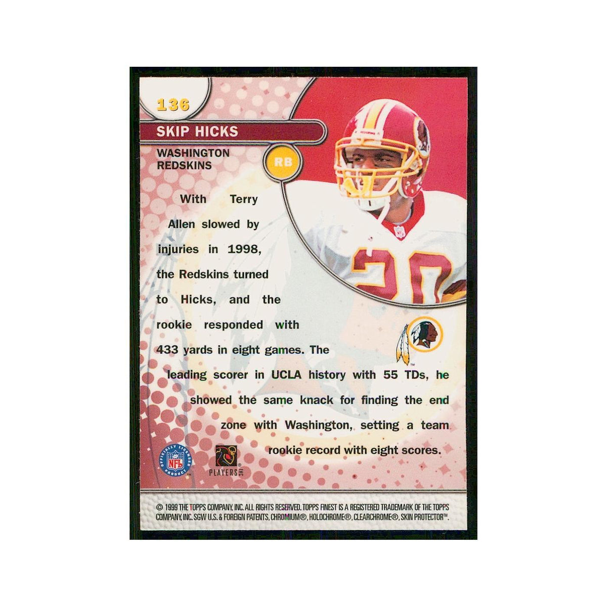 1999 Topps Finest w coating Skip Hicks Redskins #136