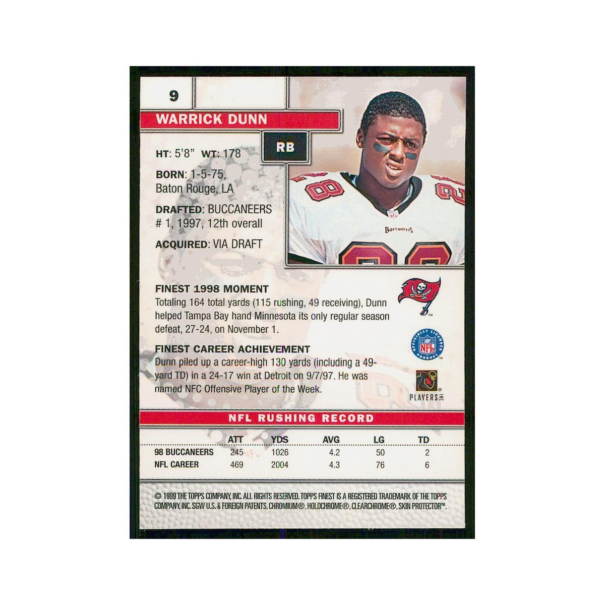 1999 Topps Finest w coating Warrick Dunn Buccaneers #9