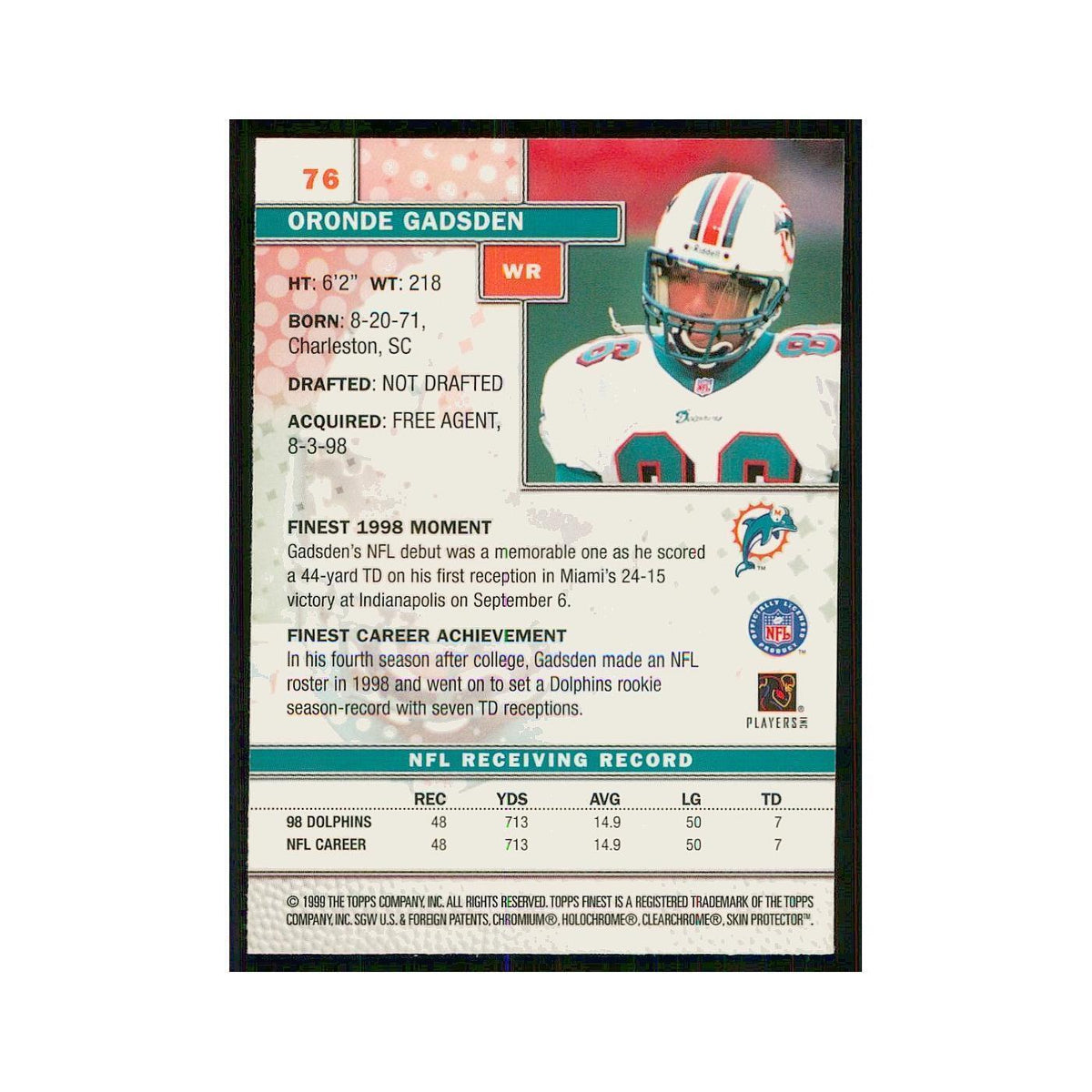 1999 Topps Finest w Coating Oronde Gadsden Dolphins #76