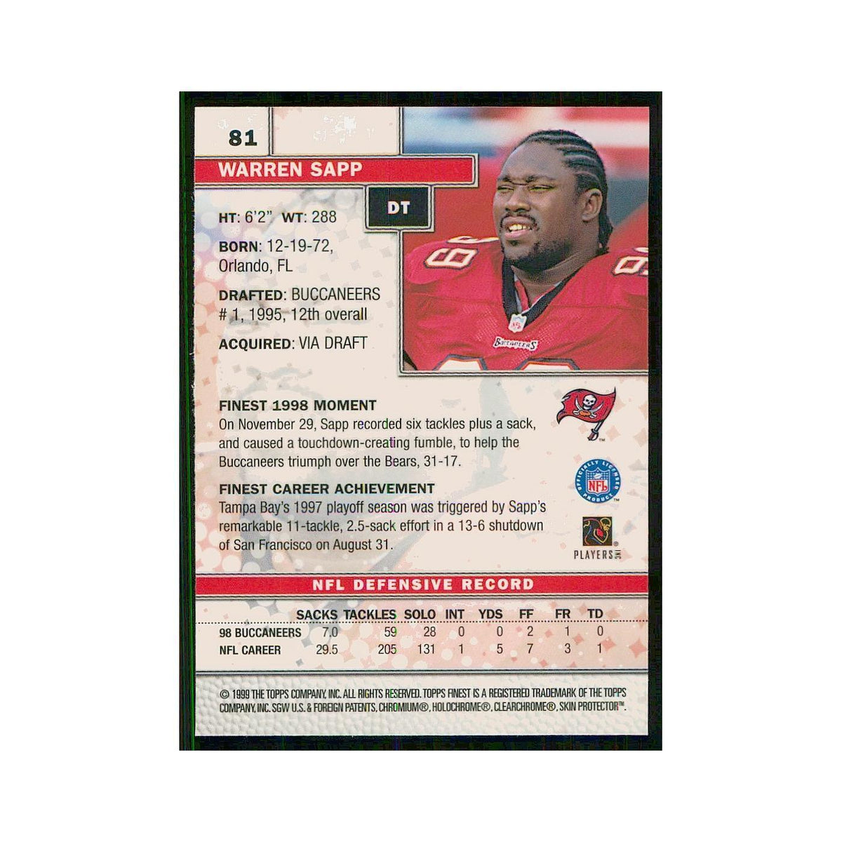 1999 Topps Finest w Coating Warren Sapp Buccaneers #81