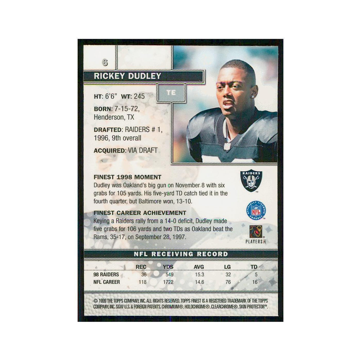 1999 Topps Finest w Coating Rickey Dudley Raiders #6