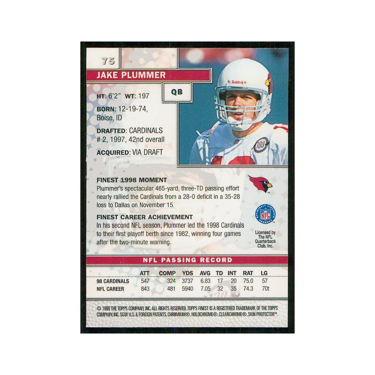 1999 Topps Finest w Coating Jake Plummer Cardinals #75