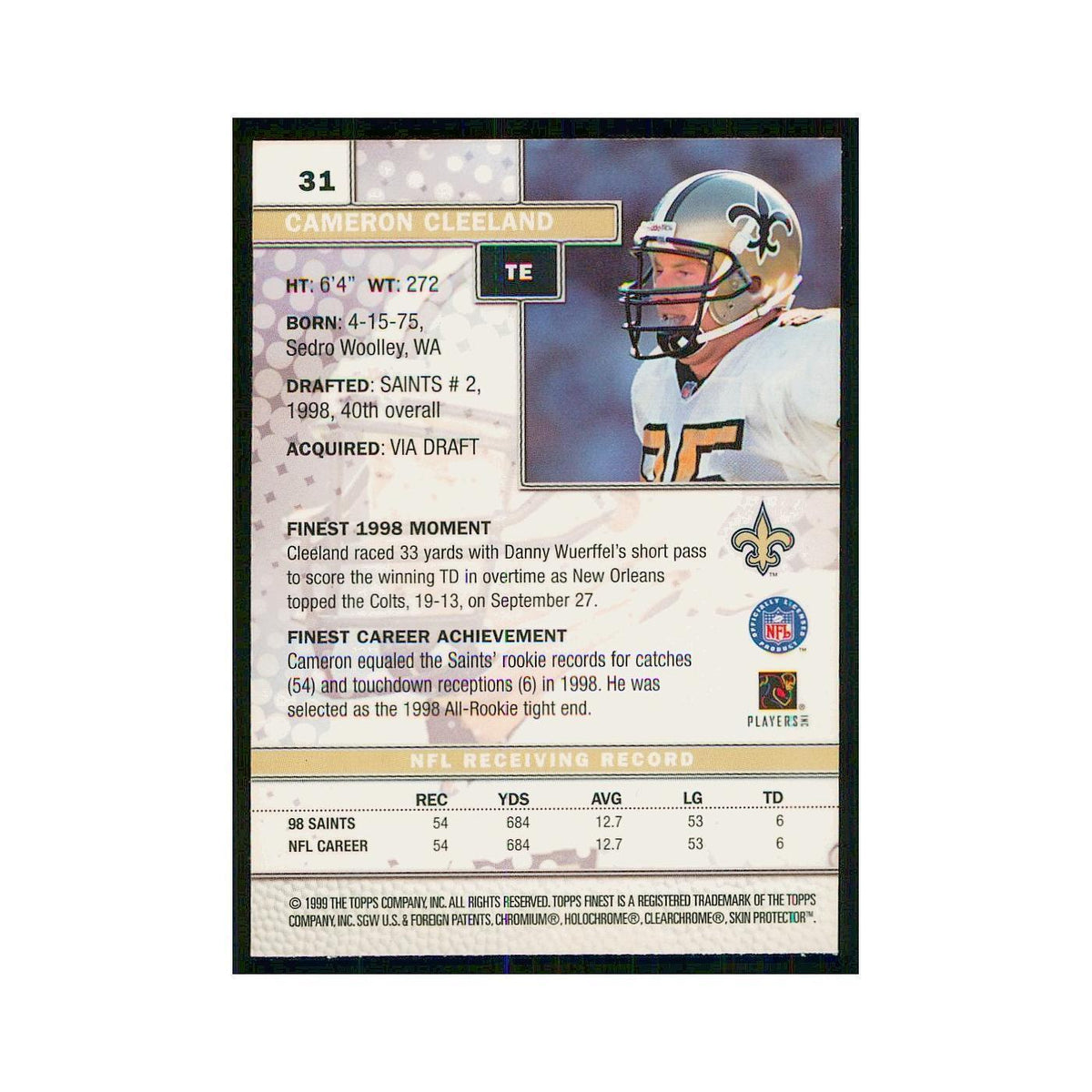 1999 Topps Finest w Coating Cameron Cleeland Saints #31