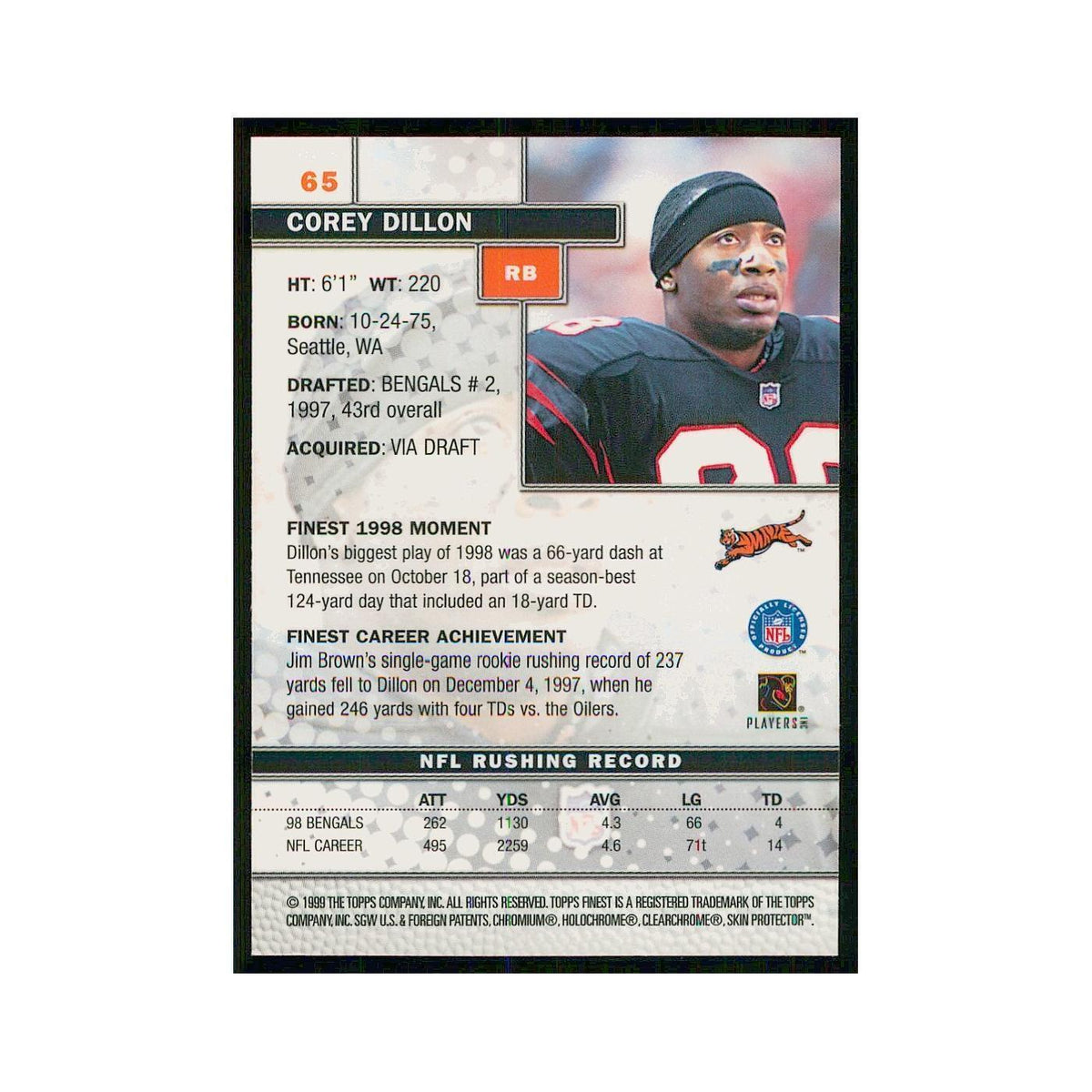 1999 Topps Finest w Coating Corey Dillon Bengals #65