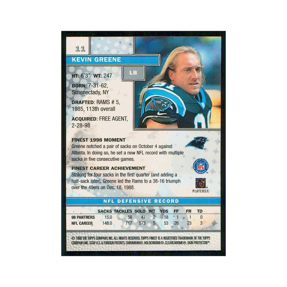 1999 Topps Finest w Coating Kevin Greene Panthers #11