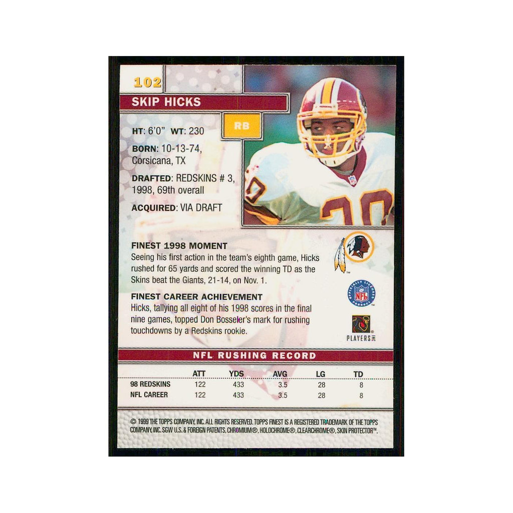1999 Topps Finest w Coating Skip Hicks Redskins #102