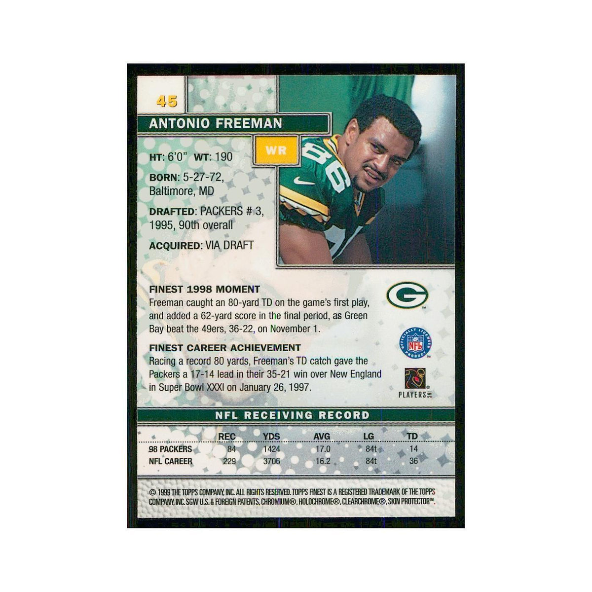 1999 Topps Finest w Coating Antonio Freeman Packers #45