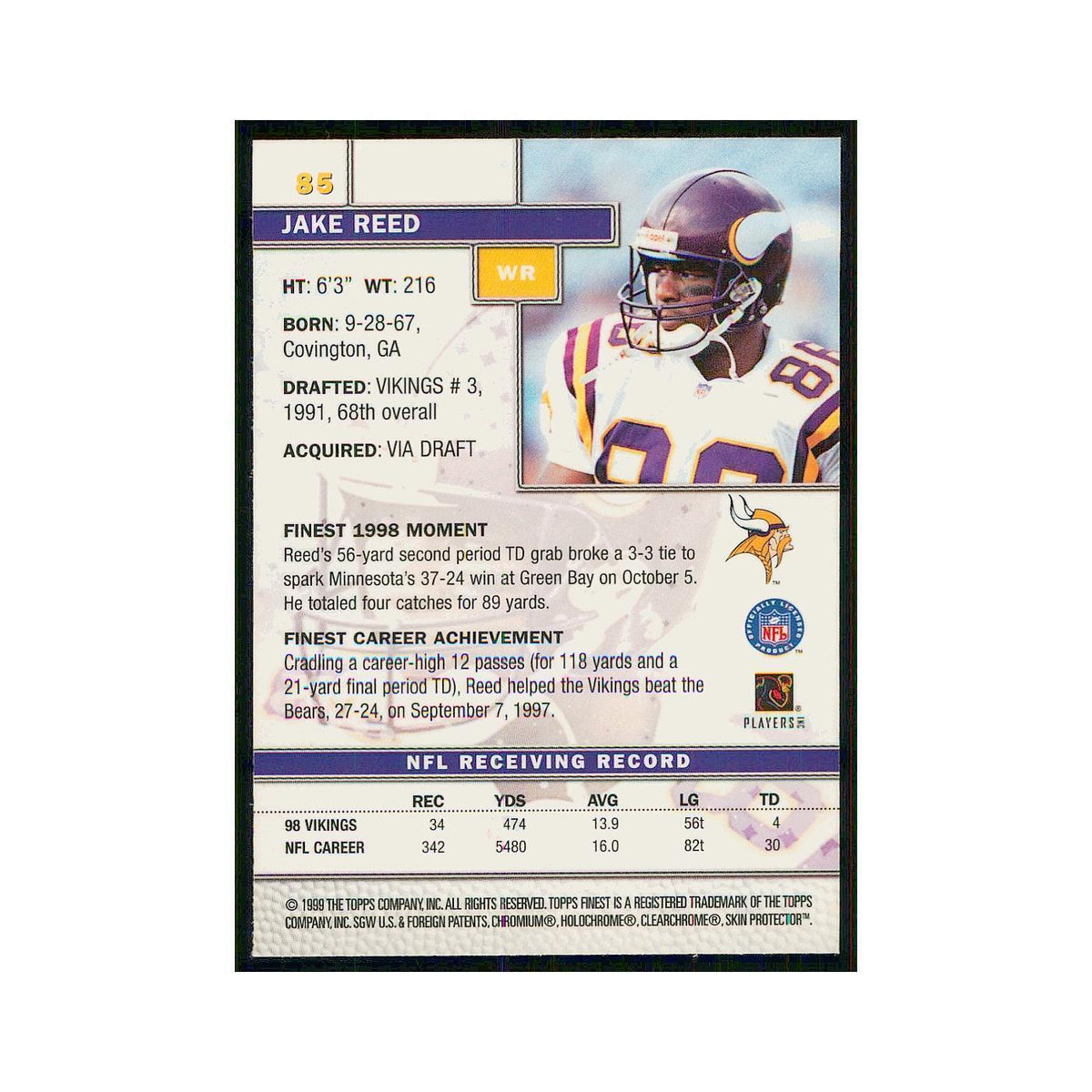 1999 Topps Finest w Coating Jake Reed Vikings #85