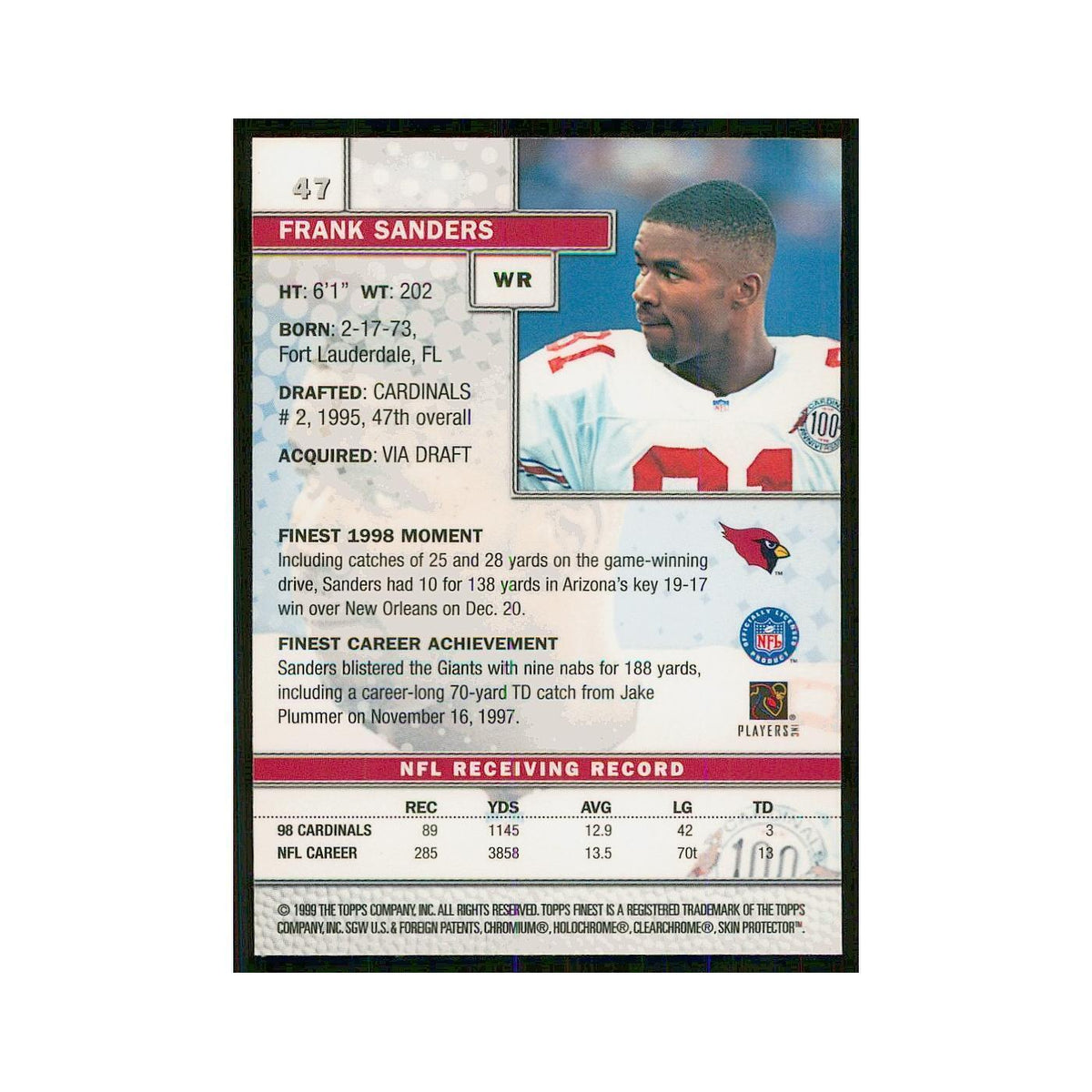 1999 Topps Finest w Coating Frank Sanders Cardinals #47