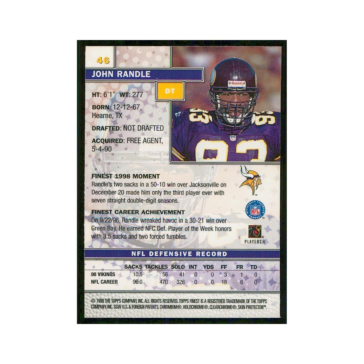 1999 Topps Finest w Coating John Randle Vikings #46