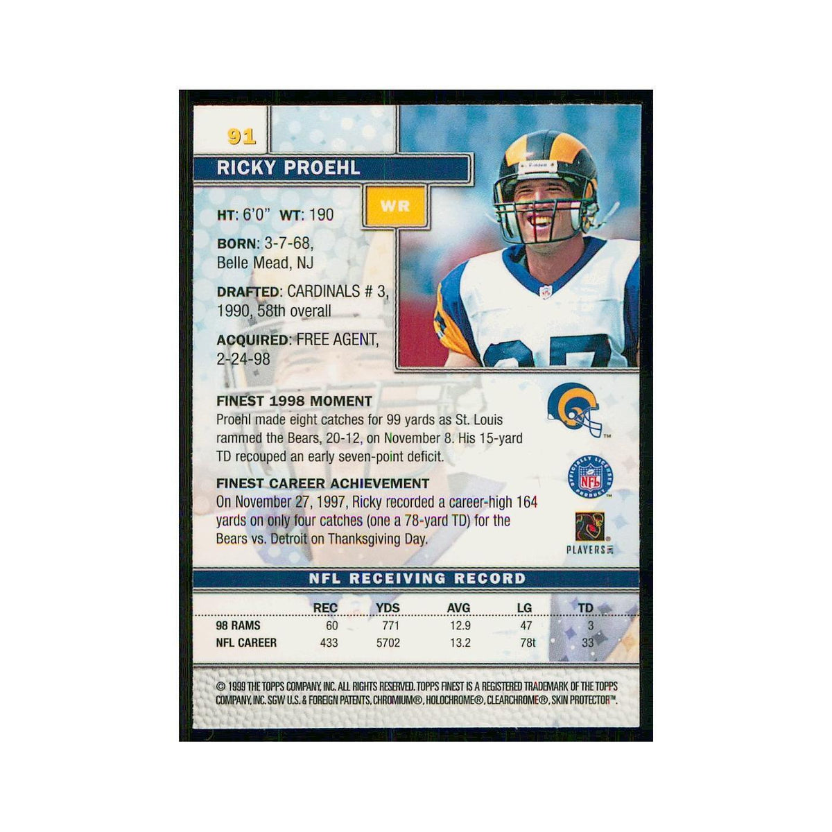 1999 Topps Finest w Coating Ricky Proehl St. Louis Rams #91
