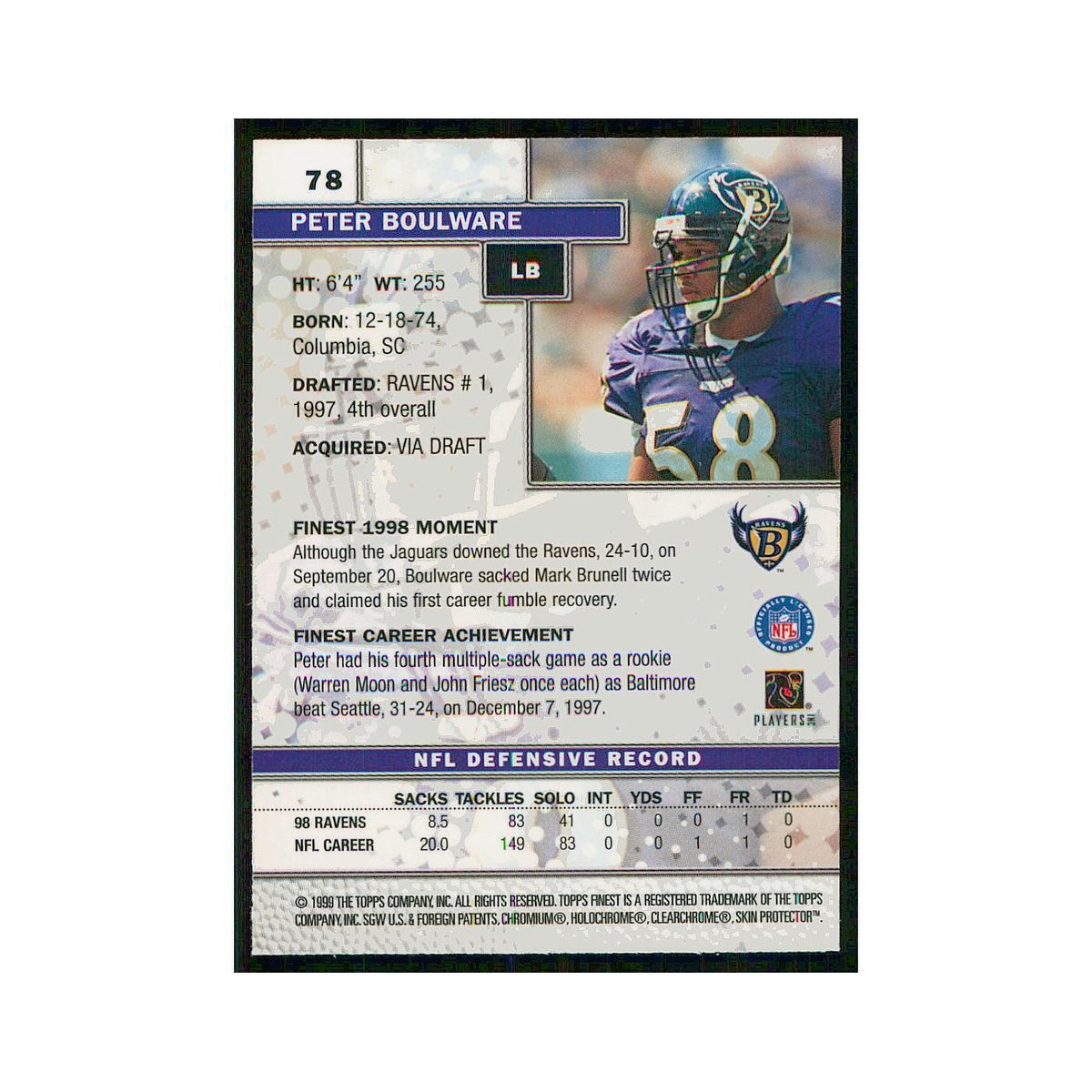 1999 Topps Finest w Coating Peter Boulware Ravens #78
