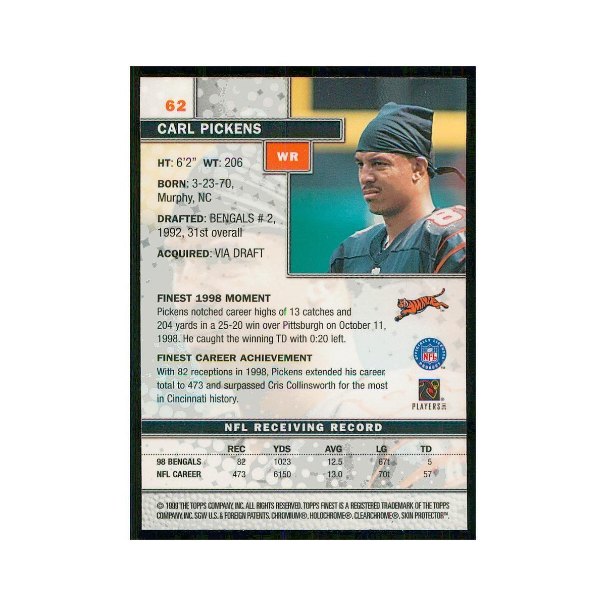 1999 Topps Finest w Coating Carl Pickens Bengals #62