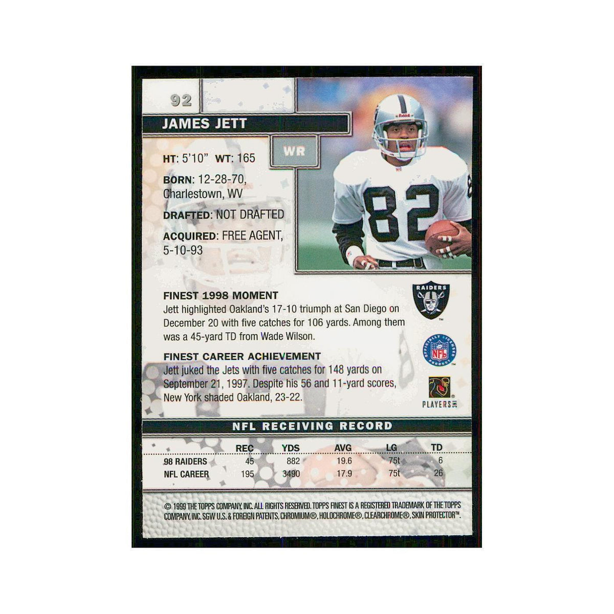 1999 Topps Finest w Coating James Jett Raiders #92