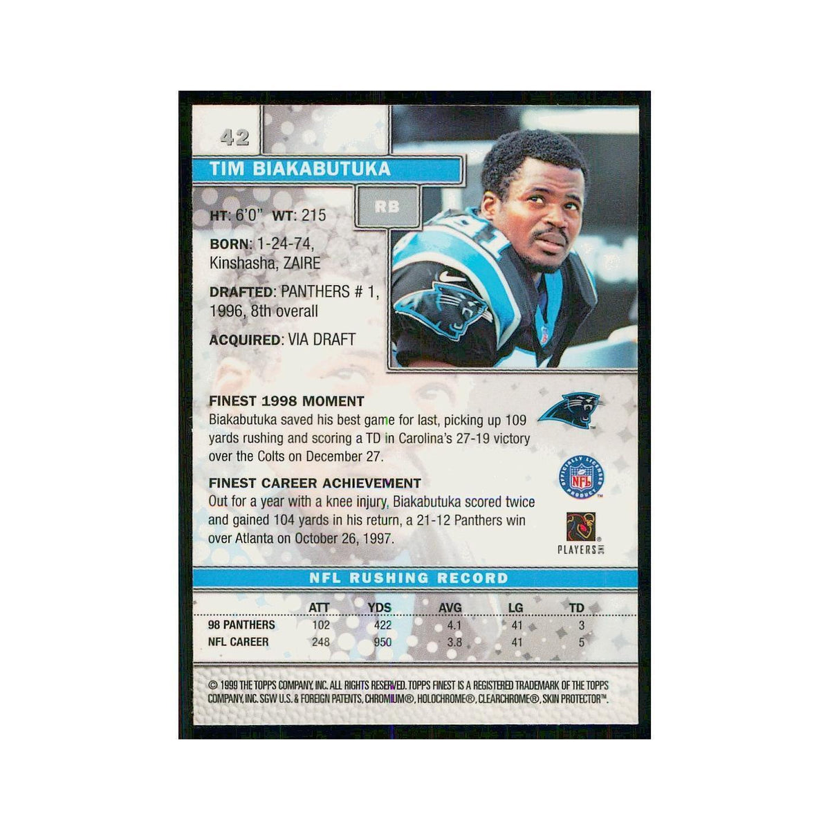 1999 Topps Finest w Coating Tim Biakabutuka Panthers #42