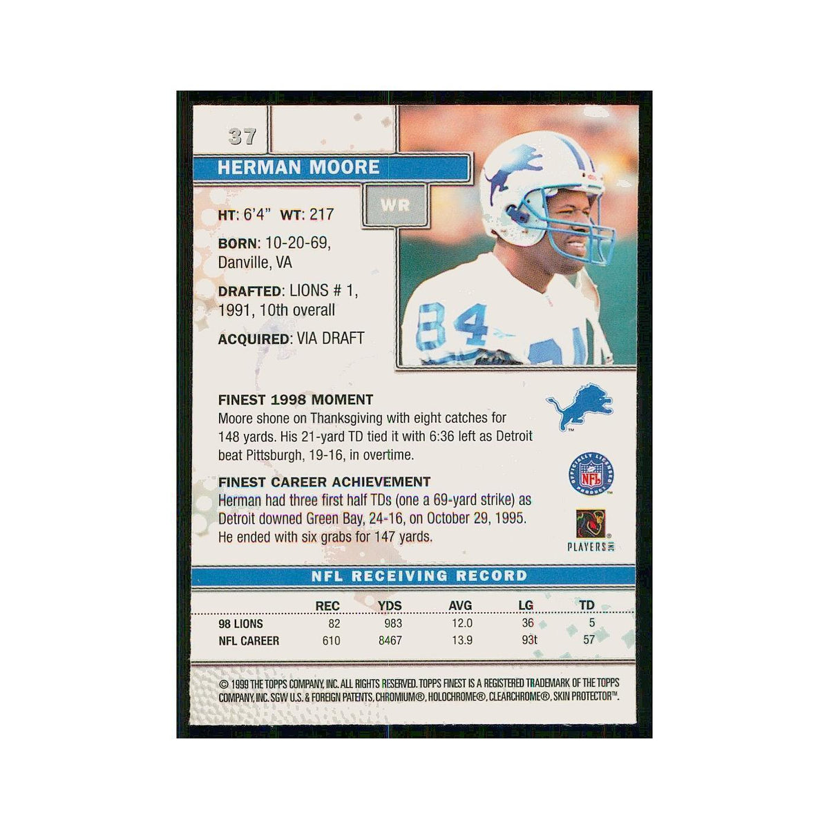 1999 Topps Finest w Coating Herman Moore Lions #37