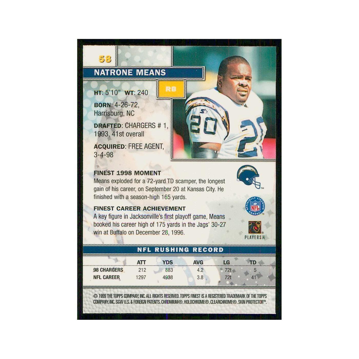 1999 Topps Finest w Coating Natrone Means San Diego Chargers #58