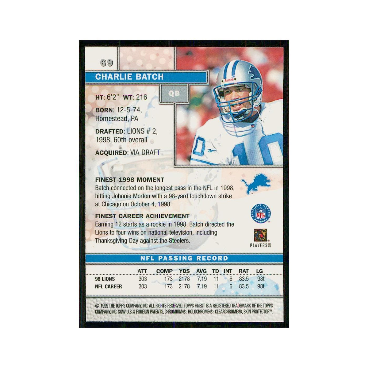 1999 Topps Finest w Coating Charlie Batch Lions #69