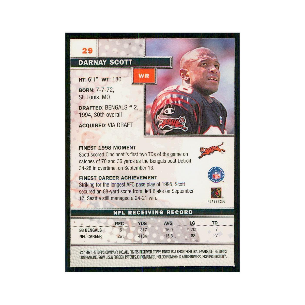 1999 Topps Finest w Coating Darnay Scott Bengals #29