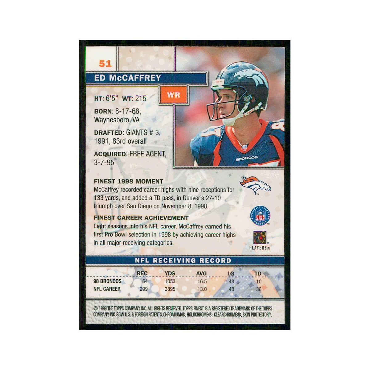 1999 Topps Finest W Coating Ed McCaffery Broncos #51