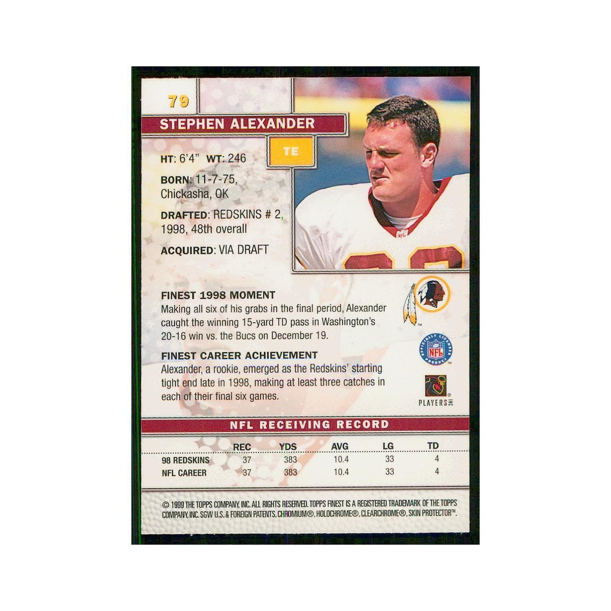 1999 Topps Finest w Coating Stephen Alexander Redskins #79