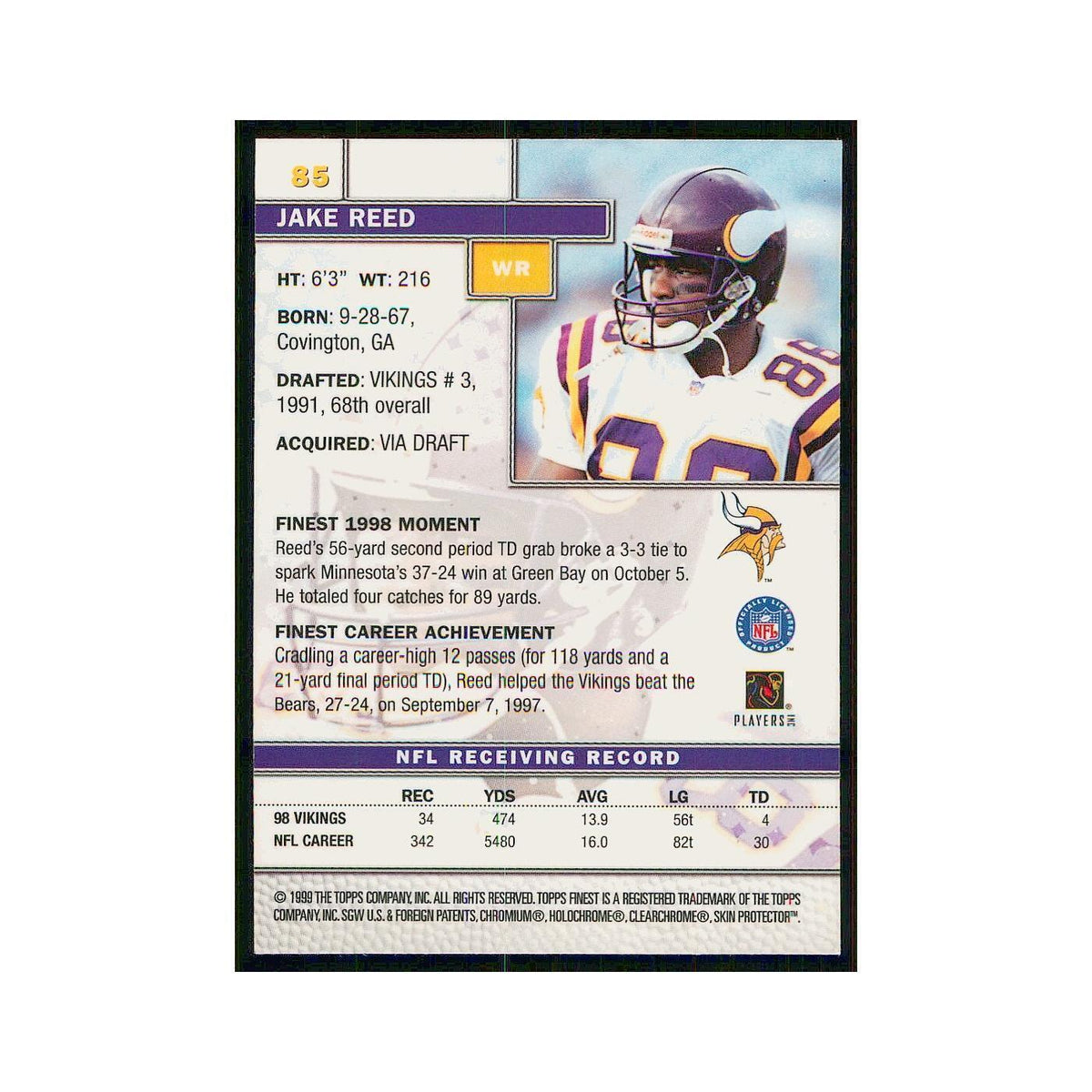 1999 Topps Finest w Coating Jake Reed Vikings #85