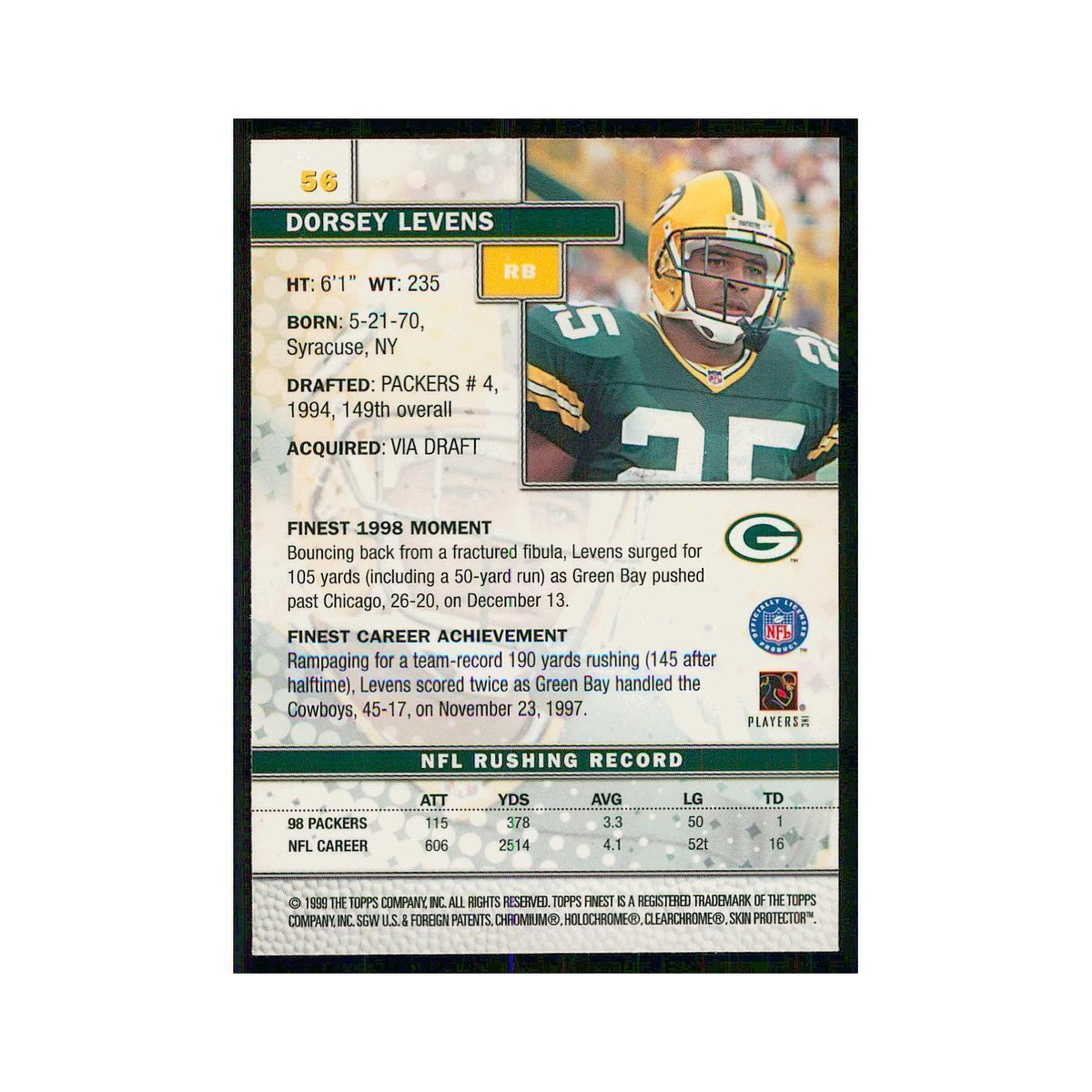 1999 Topps Finest w Coating Dorsey Levens Packers #56