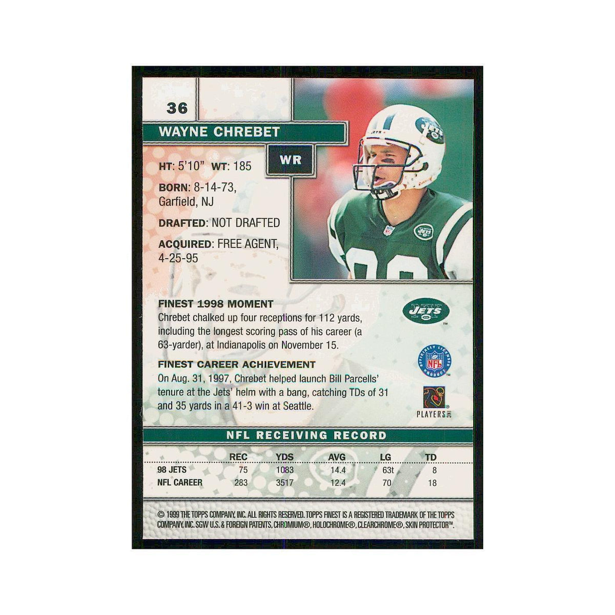 1999 Topps Finest w Coating Wayne Chrebet Jets #36