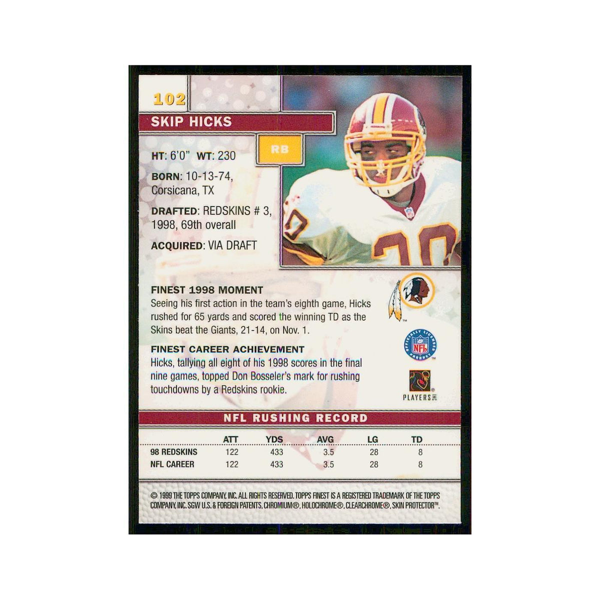 1999 Topps Finest w Coating Skip Hicks Redskins #102