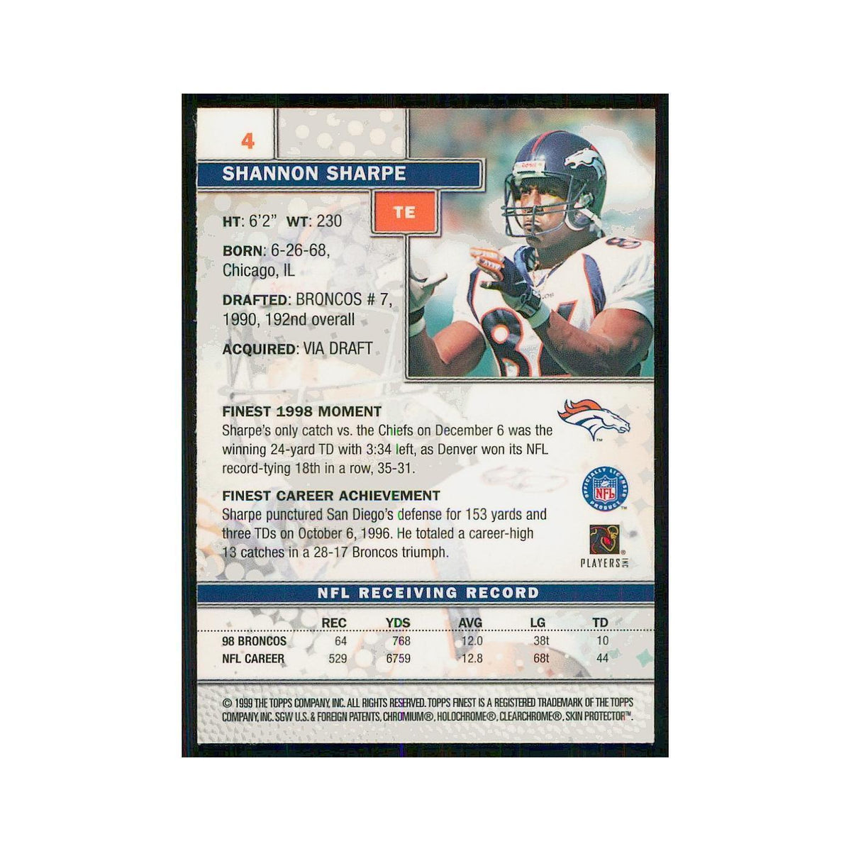 1999 Topps Finest w Coating Shannon Sharpe Broncos #4