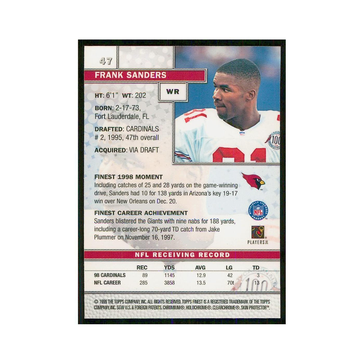 1999 Topps Finest w Coating Frank Sanders Cardinals #47