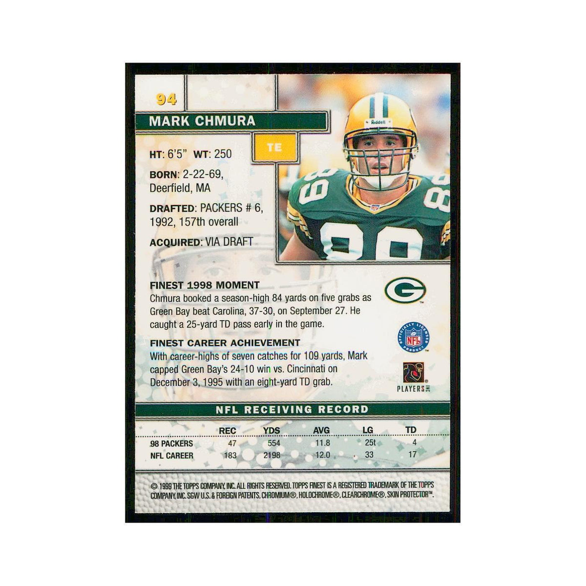 1999 Topps Finest w Coating Mark Chmura Packers #94